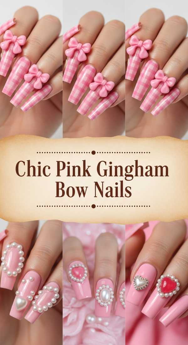 Chic Pink Gingham Bow Nails 69ecf882baefa