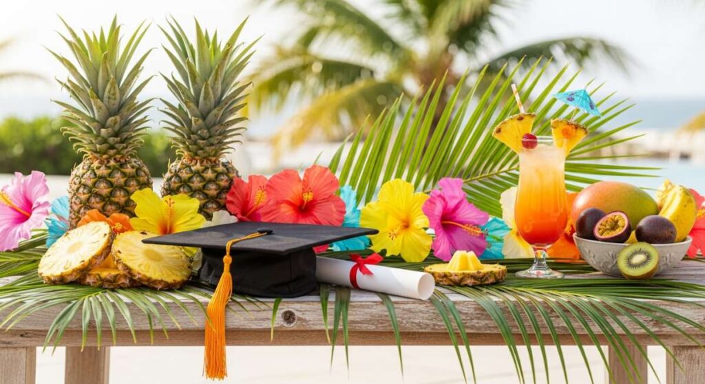 featured: from cap and gown to palms and pineapples: tropical grad party inspo