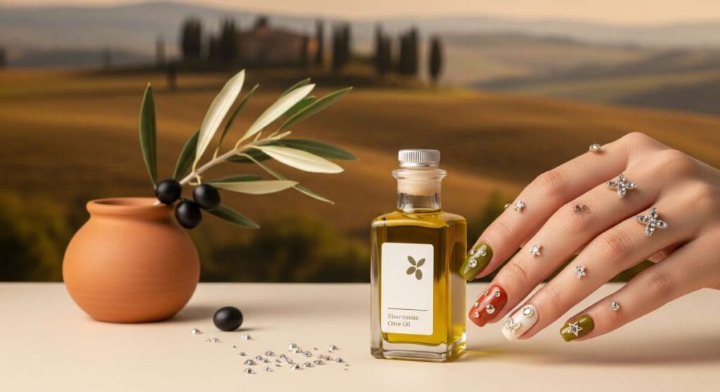 featured: olive oil & rhinestones: mastering the y2k tuscan nail aesthetic