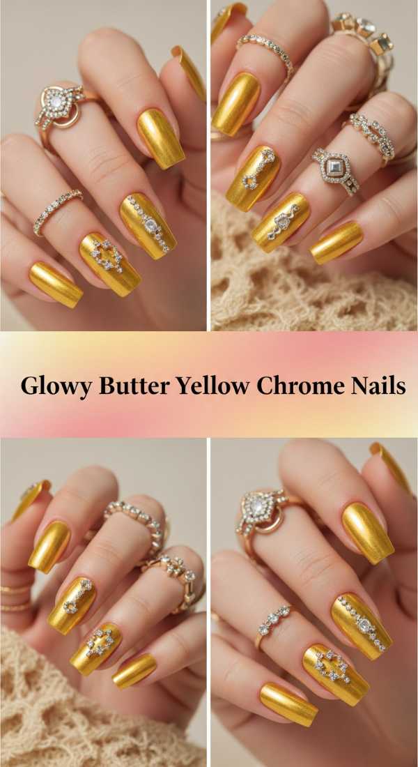 Glowy Butter Yellow Chrome Nails 69f0cc581f094
