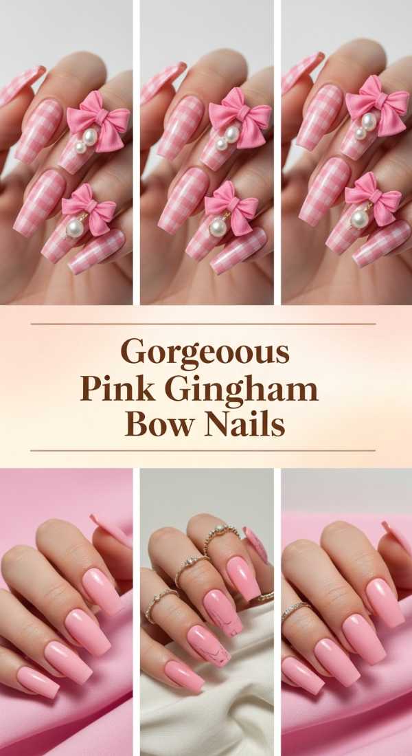 Gorgeous Pink Gingham Bow Nails 69ecf87c0d77e