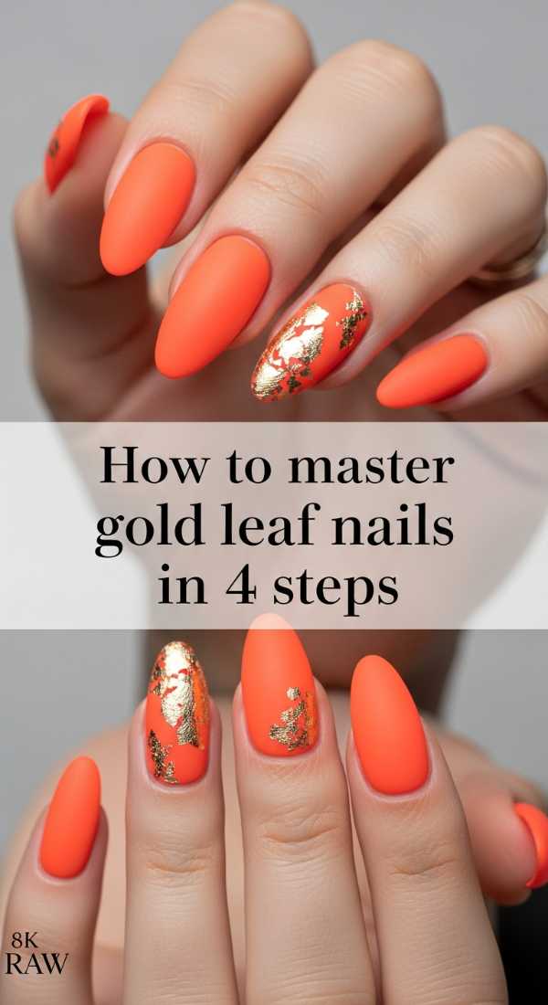 Vibrant Orange Almond Nails With Gold Leaf 69eba3b9e67a1