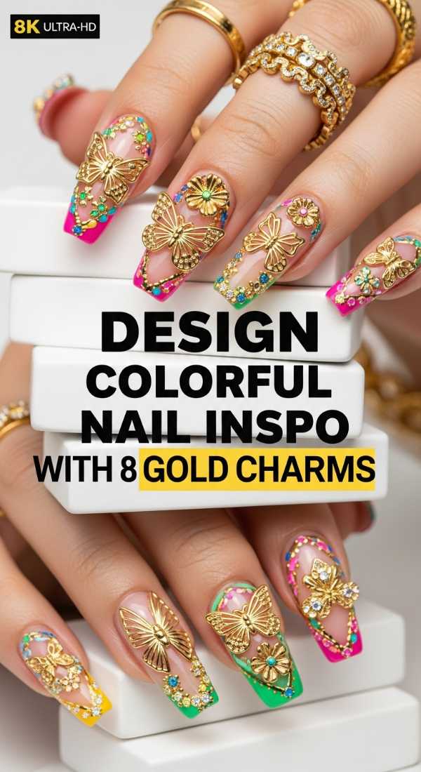 Design Colorful Nail Inspo With 8 Gold Charms 6a0f1129cccb4