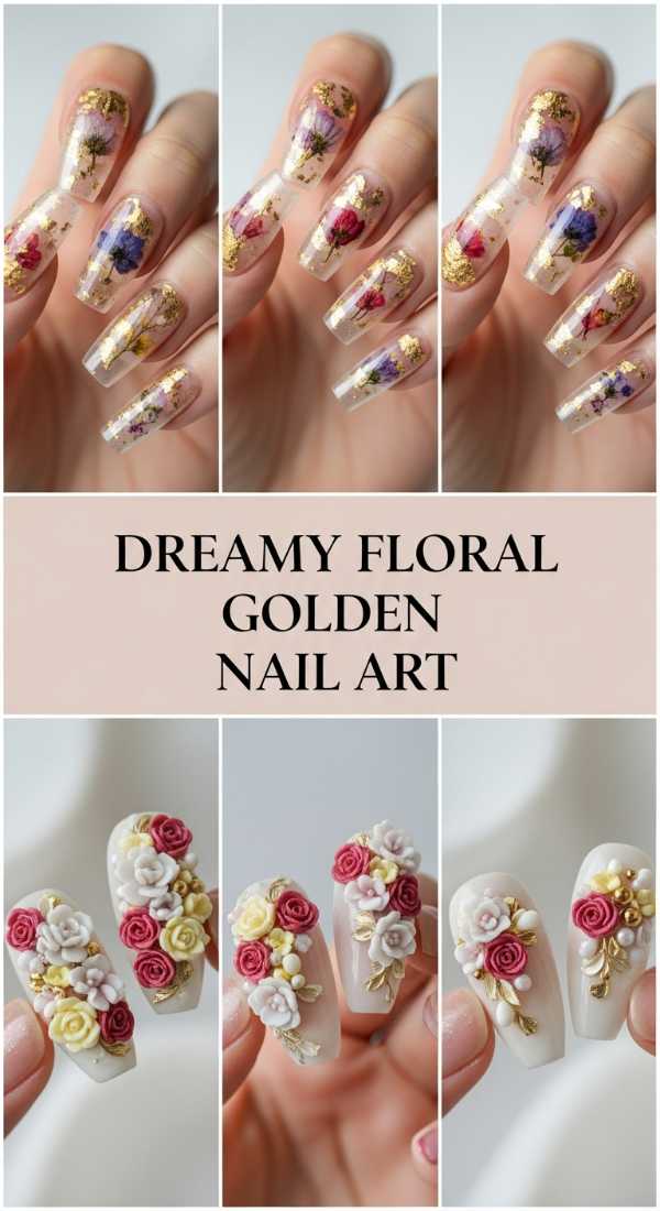 Dreamy Floral Golden Nail Art 6a08584abd16f