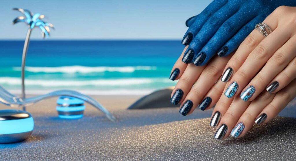 featured: bioluminescent blues & chrome sands: summer 2026's hottest nail aesthetics