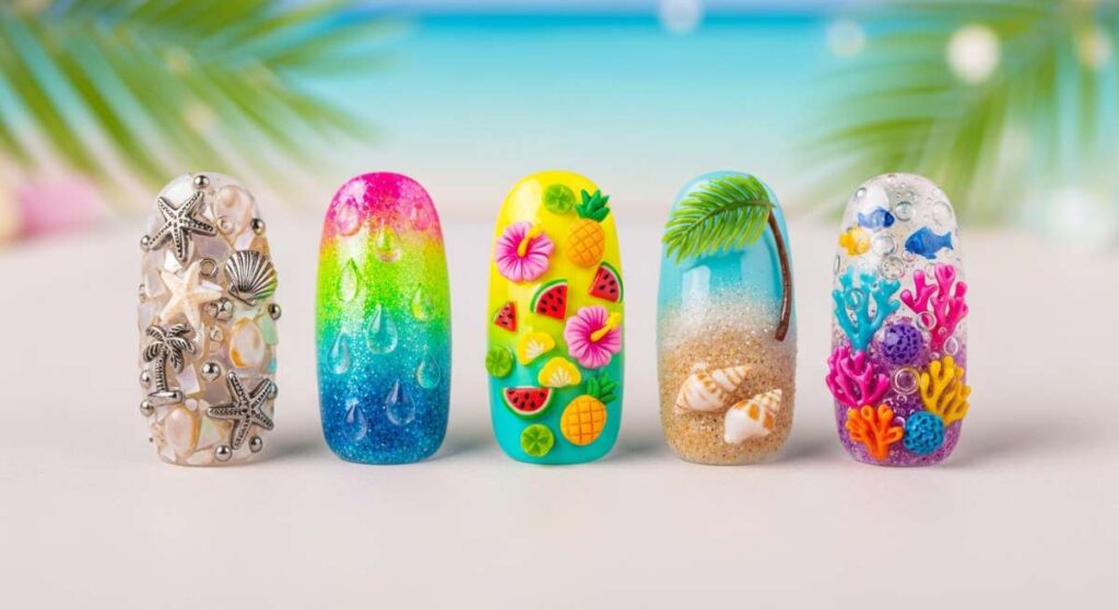 featured: charms, shells, and neon: 5 tropical 3d junk nail ideas for your next vacay
