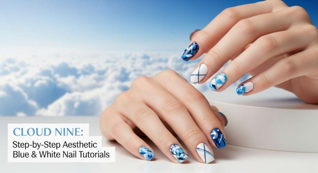 featured: cloud nine: step by step aesthetic blue & white nail tutorials