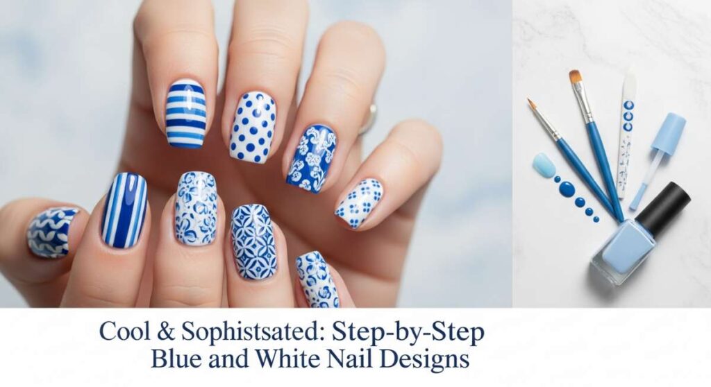 featured: cool & sophisticated: step by step blue and white nail designs