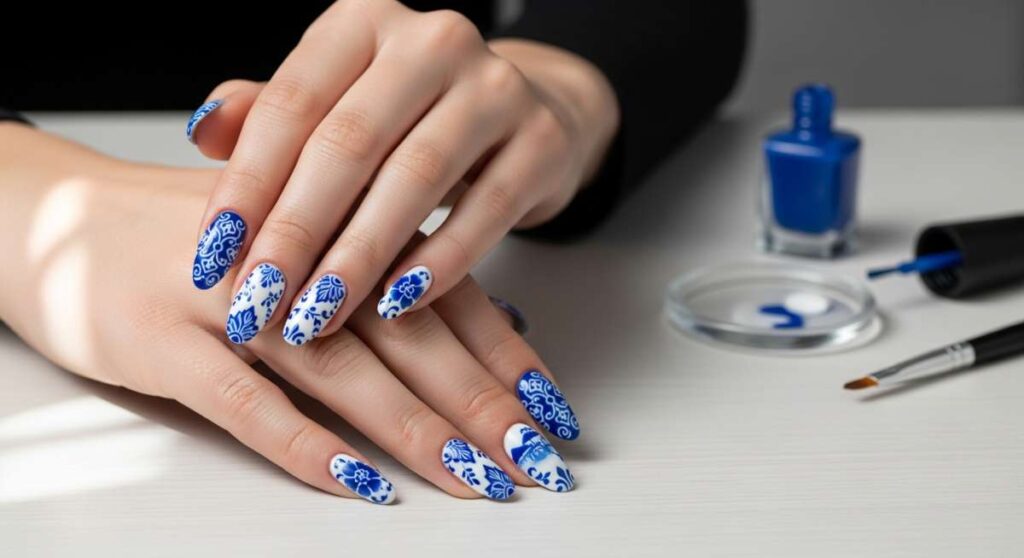 featured: mastering the classic: a step by step blue and white porcelain nail tutorial
