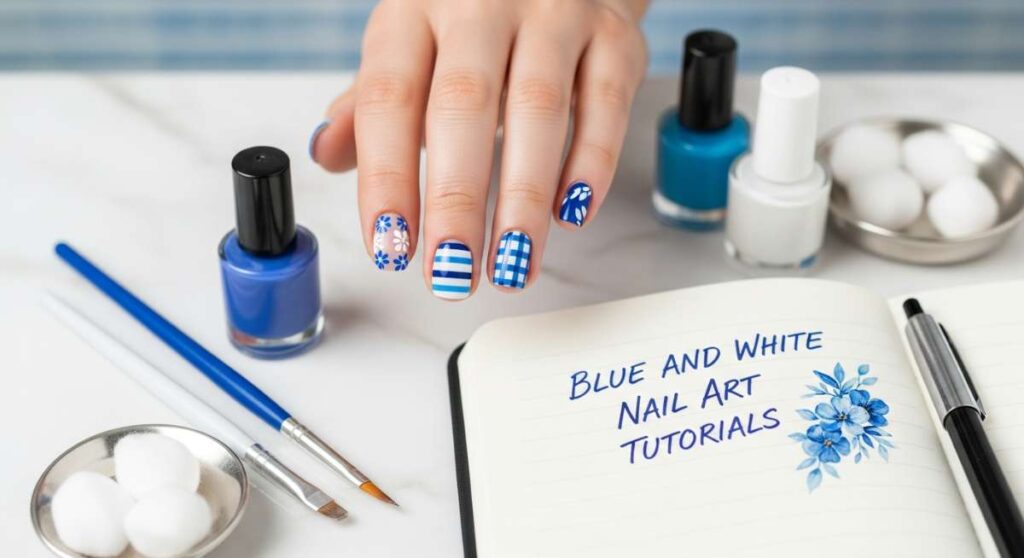 featured: mastering the classic: step by step blue and white nail tutorials