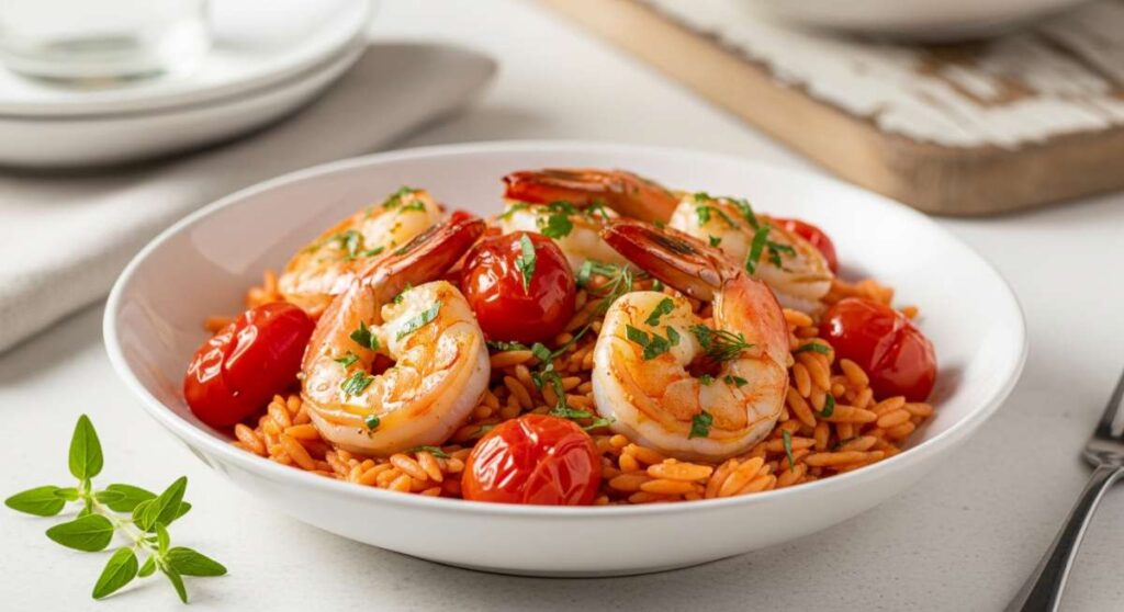 featured: mediterranean bliss: elegant shrimp & orzo with roasted tomatoes