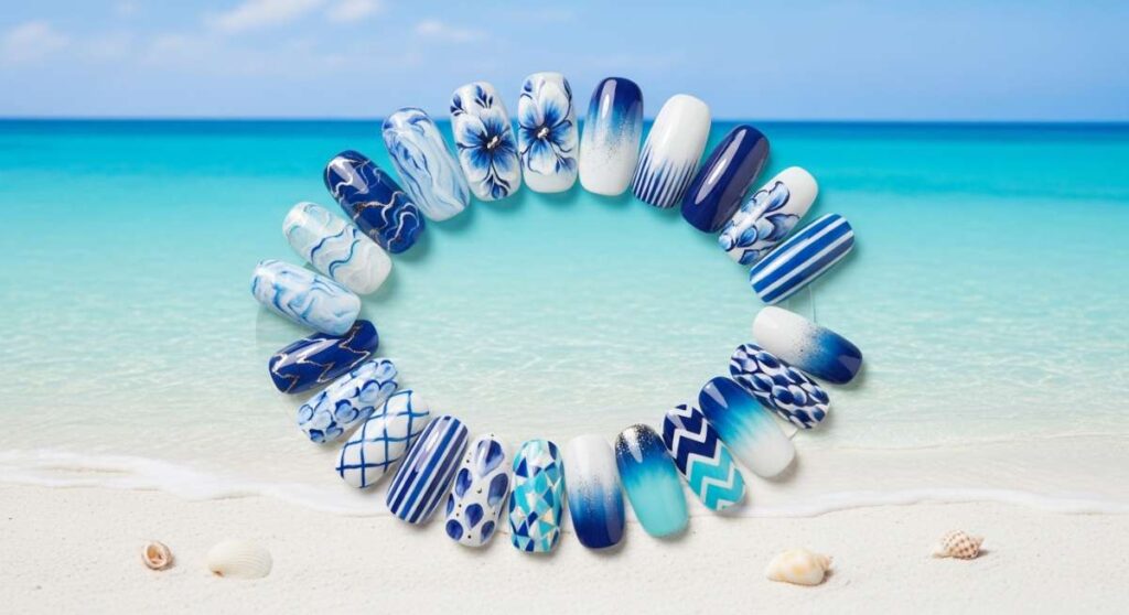 featured: ocean breezes: 25+ stunning blue and white nail designs to try
