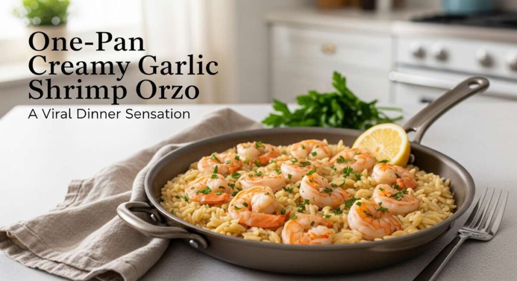 featured: one pan creamy garlic shrimp orzo: a viral dinner sensation