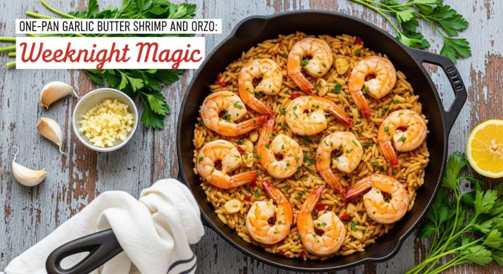 featured: one pan garlic butter shrimp and orzo: weeknight magic