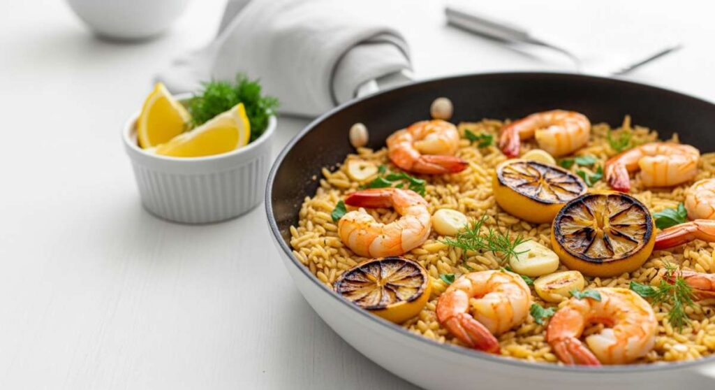 featured: one pan lemon garlic shrimp and orzo: a weeknight wonder