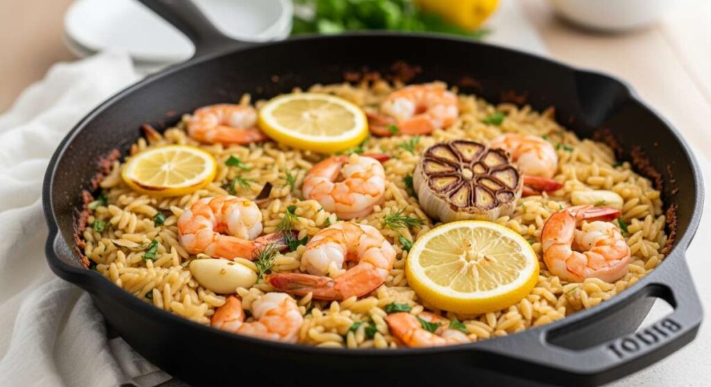 featured: one pan lemon garlic shrimp orzo: the ultimate weeknight dinner