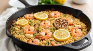 featured: one pan lemon garlic shrimp orzo: the ultimate weeknight dinner