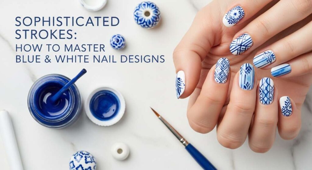 featured: sophisticated strokes: how to master blue & white nail designs