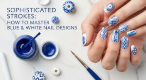 featured: sophisticated strokes: how to master blue & white nail designs